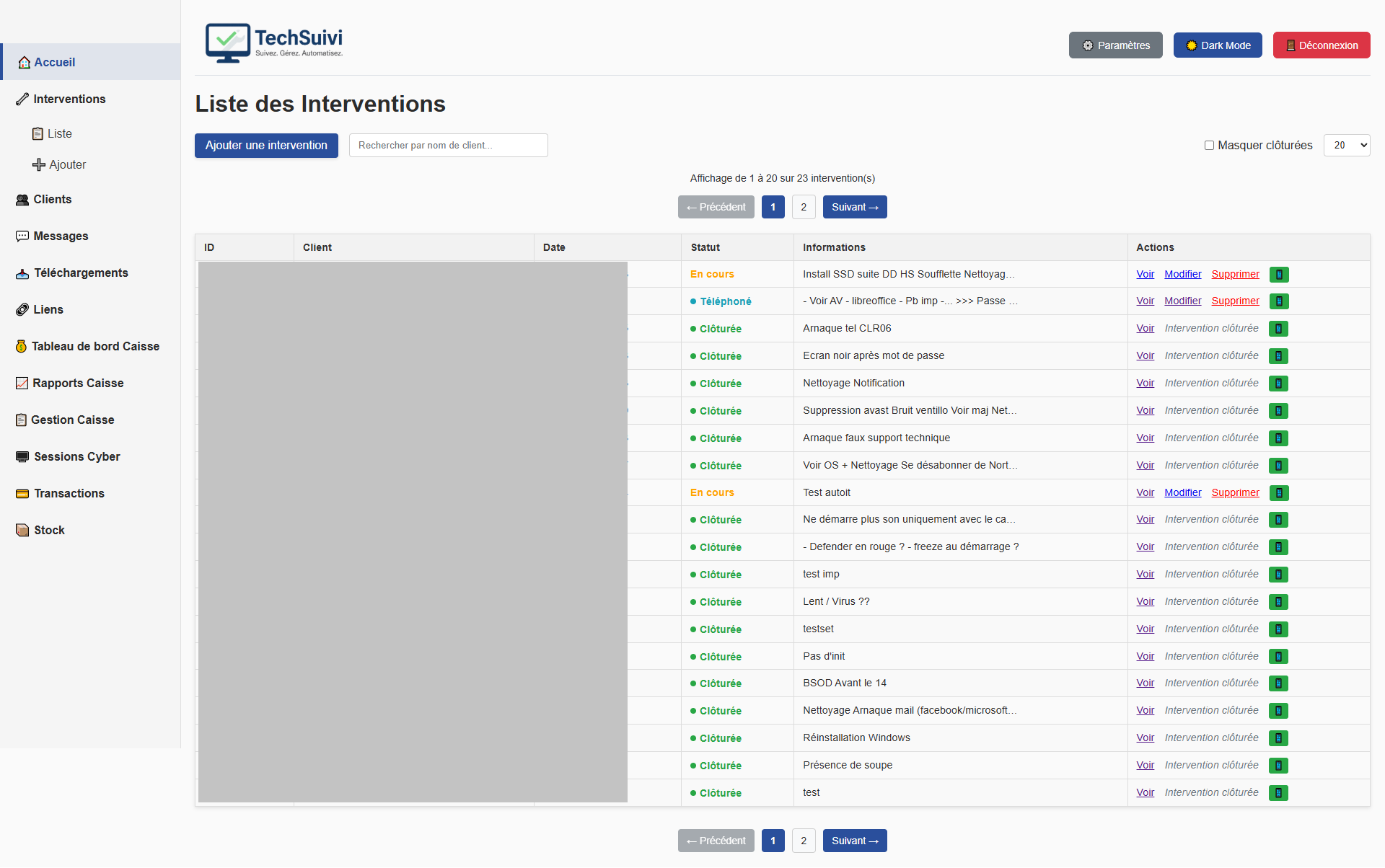 Liste des interventions